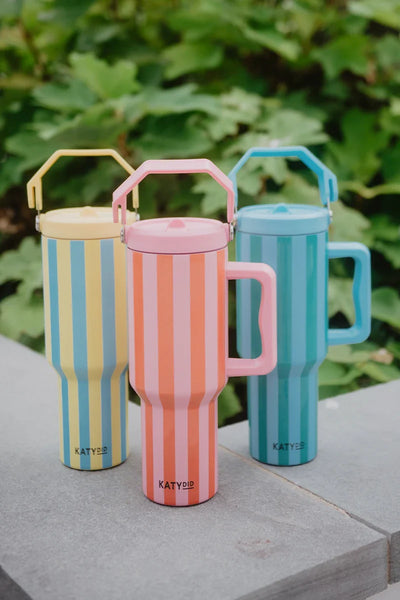Pink and Orange Striped 38 Oz Tumbler with Handle | Shop Katydid