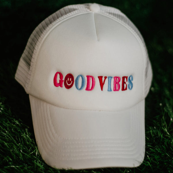 Happy Good Vibes Foam Trucker Hat Hot Pink and White