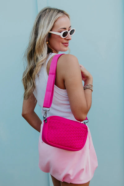 Hot Pink Woven Crossbody Bag | Neoprene Handbags | Shop Katydid display picture 3