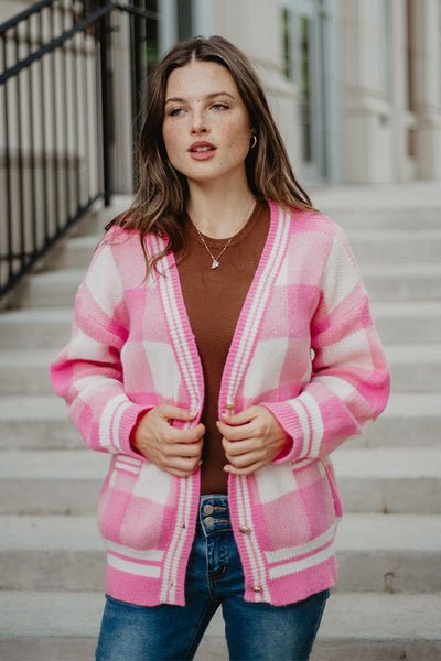 Pink Plaid Knit Cardigan | Women's Fall Outerwear | Katydid