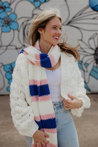 Pink Blue Stripes Crochet Scarf for Women1