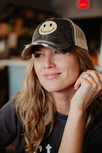 Yellow Checkered Happy Face Trucker Hat | Katydid