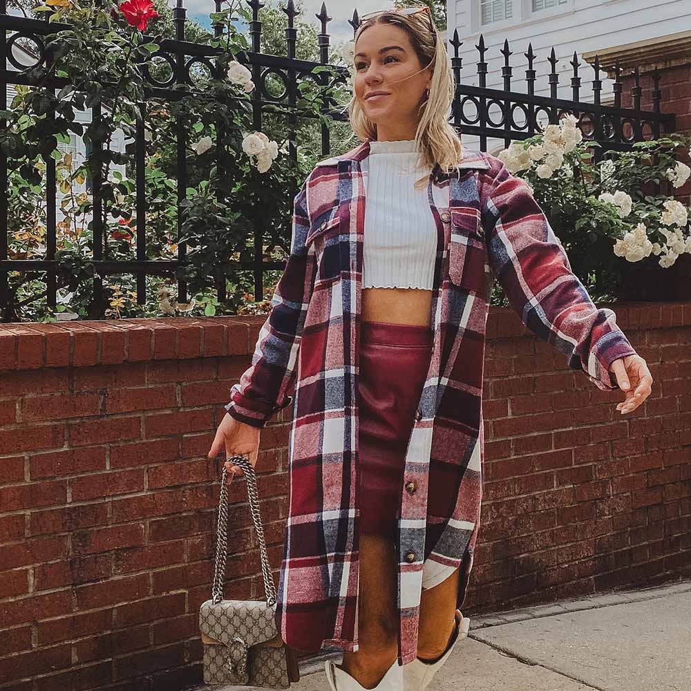 woman in a cute outfit and shacket jacket