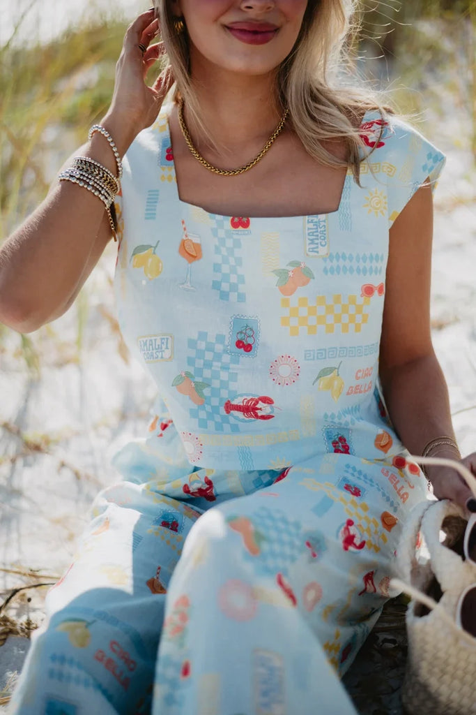 Italian Summer Blue Linen Matching Top And Pants Set - Katydid.com