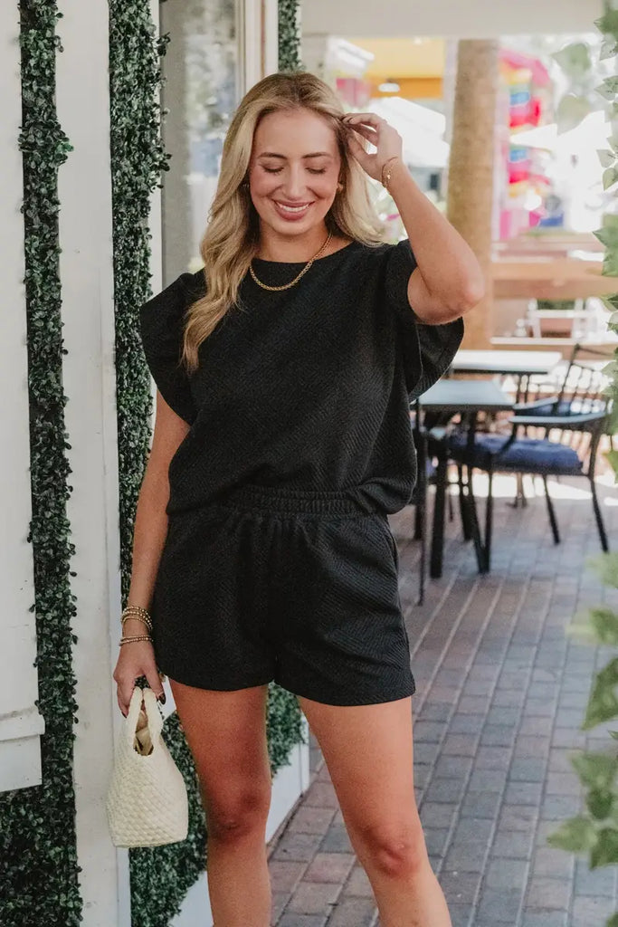 Black Ruffle Top Two Piece Clothing Set for Women