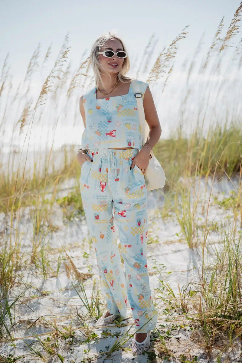 Italian Summer Blue Linen Matching Top And Pants Set - Katydid.com