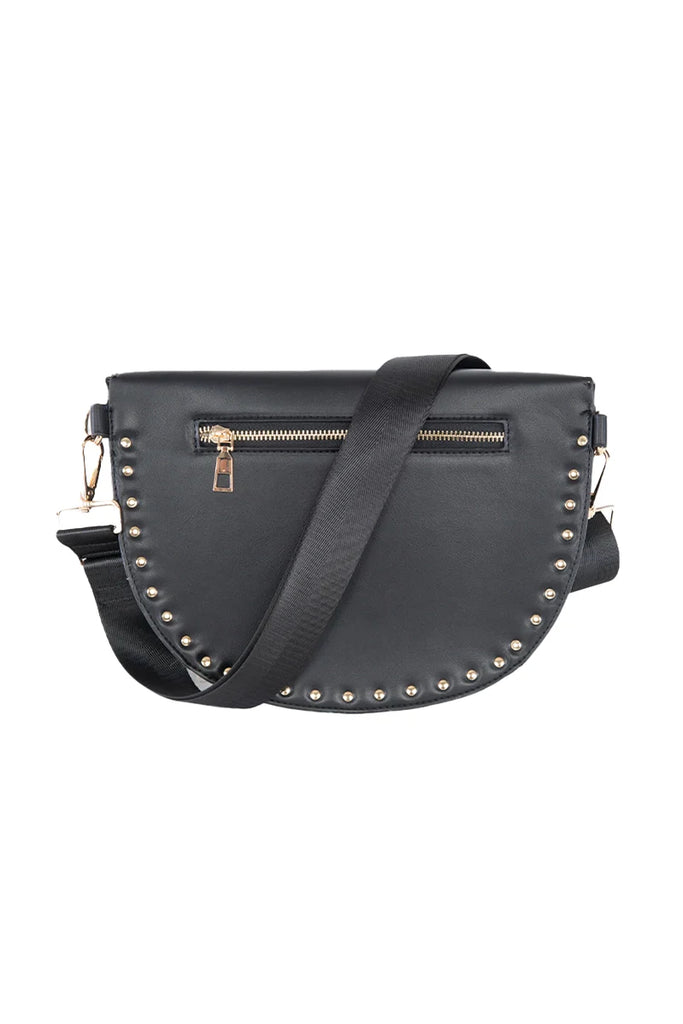 Sleek and modern, the Katydid Black Gold-Studded Crossbody Bag features gold studs along a curved edge, a front zippered pocket, and a wide adjustable strap—perfect versatility for any occasion.
