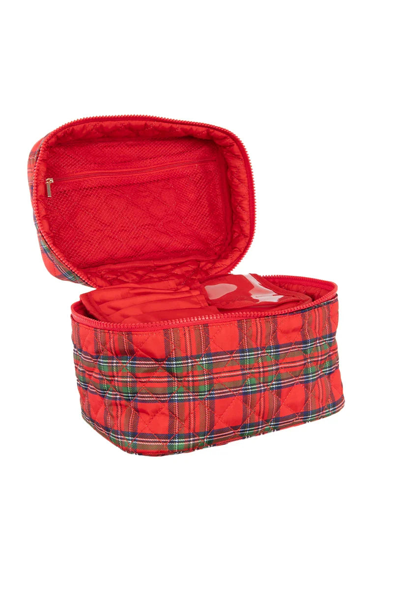 The Katydid Royal Stewart Plaid Holiday Travel Makeup Bag features a festive red quilted design, an open top, interior zippered mesh pocket, and classic green, white, and yellow stripes inspired by Royal Stewart plaid.
