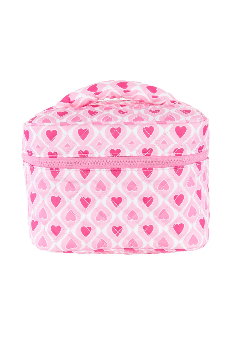 The Katydid Light and Hot Pink Hearts Cosmetic Bag is a rectangular zippered pouch with a handle, featuring a cute overlapping pink and white heart pattern.