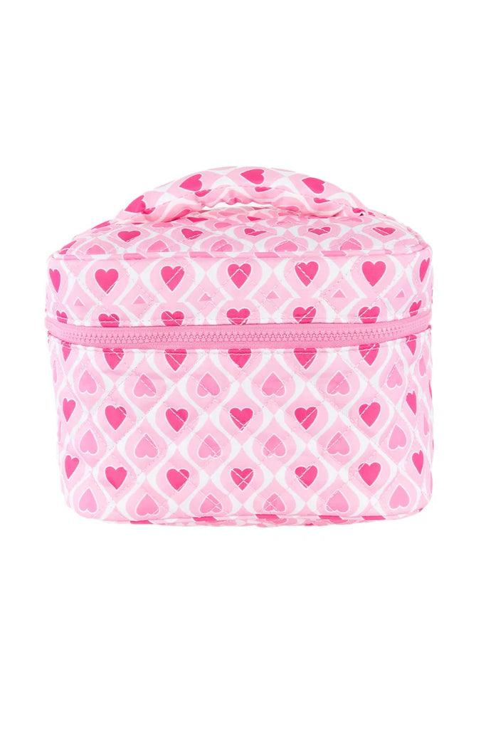 The Katydid Light and Hot Pink Hearts Cosmetic Bag is a rectangular zippered pouch with a handle, featuring a cute overlapping pink and white heart pattern.