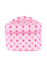 The Katydid Light and Hot Pink Hearts Cosmetic Bag is a rectangular zippered pouch with a handle, featuring a cute overlapping pink and white heart pattern.