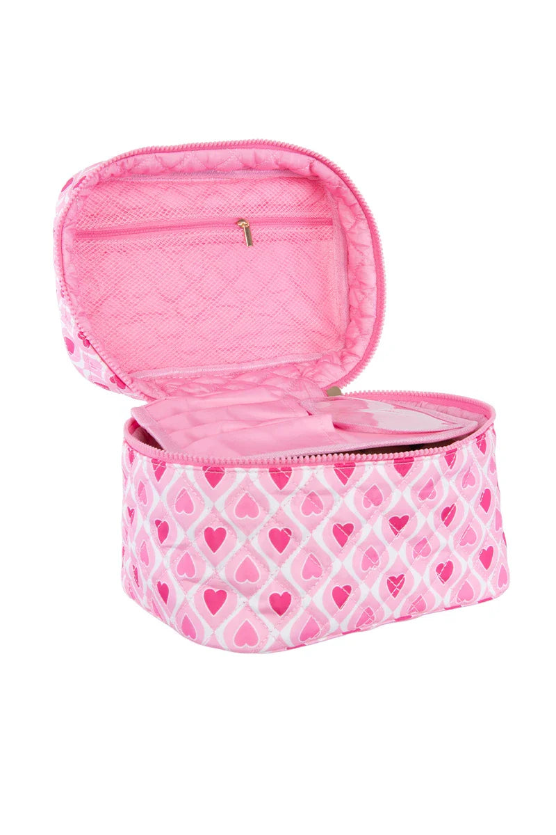 The Katydid Light and Hot Pink Hearts Cosmetic Bag features pink hearts, a mesh zip pocket inside the lid, and a roomy main compartment—ideal for storing all your makeup essentials.