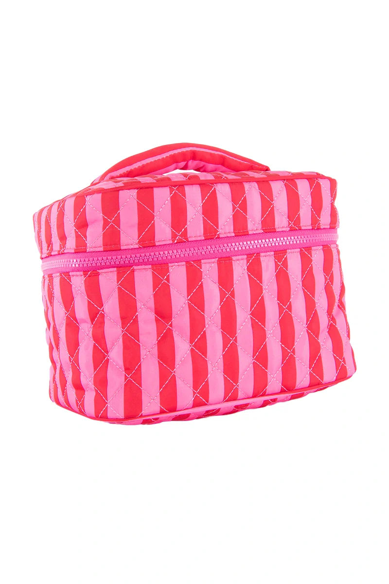 The Katydid Pink and Hot Pink Striped Make Up Bag is a quilted, oval-shaped pouch with vertical pink and hot pink stripes, a zipper closure, and a top handle—ideal for travel.