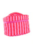 The Katydid Pink and Hot Pink Striped Make Up Bag is a quilted, oval-shaped pouch with vertical pink and hot pink stripes, a zipper closure, and a top handle—ideal for travel.