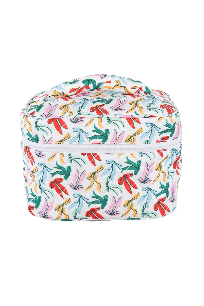 The Katydid Whimsical Bows Cute Makeup Bag is a soft, rectangular girls’ cosmetic bag with a top handle, white background, colorful bow patterns, and a zipper around the top half for easy access.