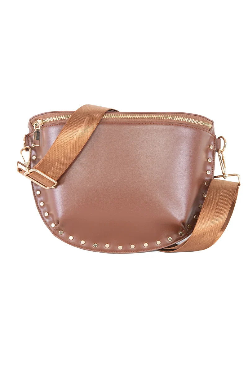 The Katydid Brown Gold-Studded Crossbody Sling Bag features a wide matching strap, gold hardware, and small gold studs along the curved bottom edge, with a top zipper closure—perfect for everyday use.