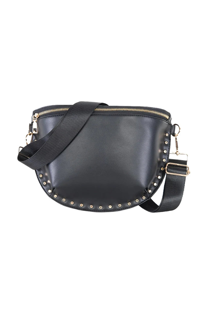 The Katydid Black Gold-Studded Crossbody Bag features a chic half-moon shape, gold stud detailing along the bottom, a gold zipper, and an adjustable black strap with gold hardware.
