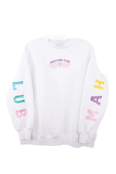 The Katydid Mahjong Club Mockneck Pullover features pastel flower graphics and MAHJONG CLUB on the chest, colorful CLUB on the left sleeve, and MAHJ on the right—ideal for cozy game nights or your new favorite sweatshirt.