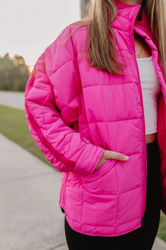 Hot Pink QUILTED SQUARES Zipper Jacket