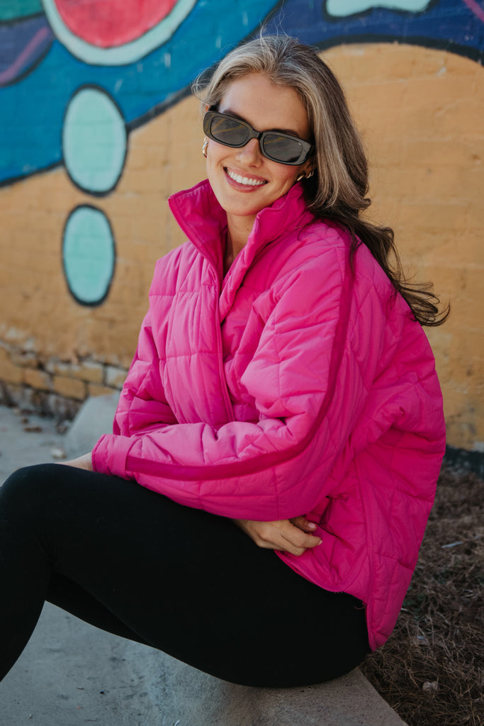 Hot Pink QUILTED SQUARES Zipper Jacket