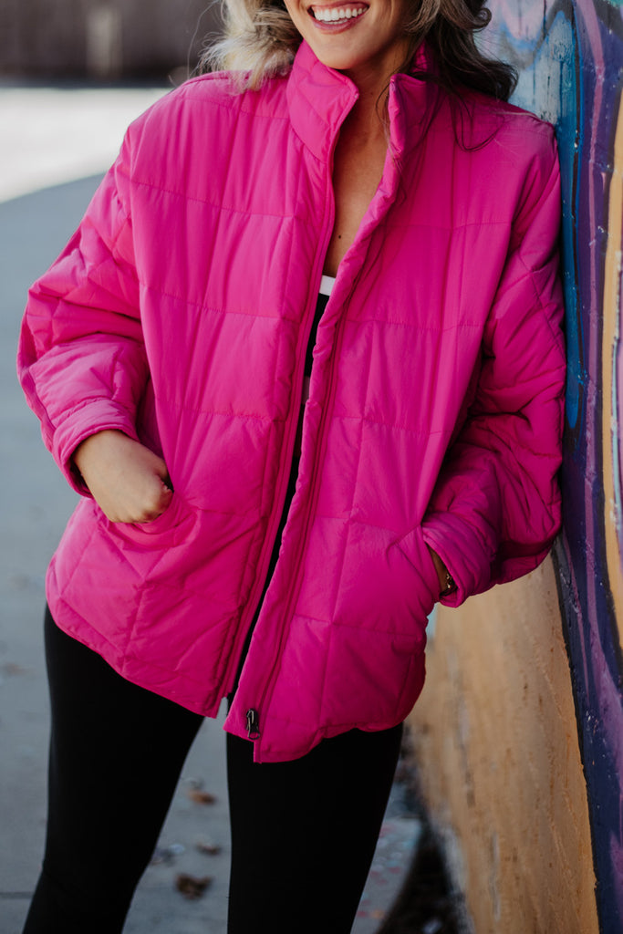 Hot Pink QUILTED SQUARES Zipper Jacket