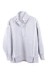 The Katydid Gray Vintage Wash Pullover Jacket features long sleeves, a high snap-neck collar, white accent stripes on the shoulders and sides, ribbed cuffs and hem, plus side slits for a relaxed fit.