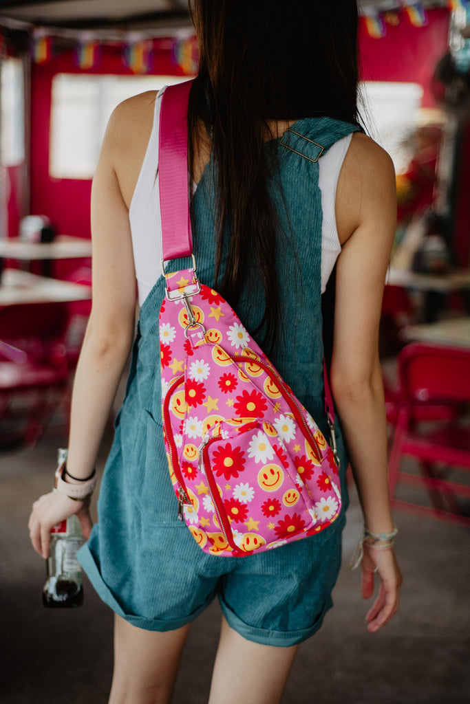 Red Flower Happy Face Cross Body Sling Bag