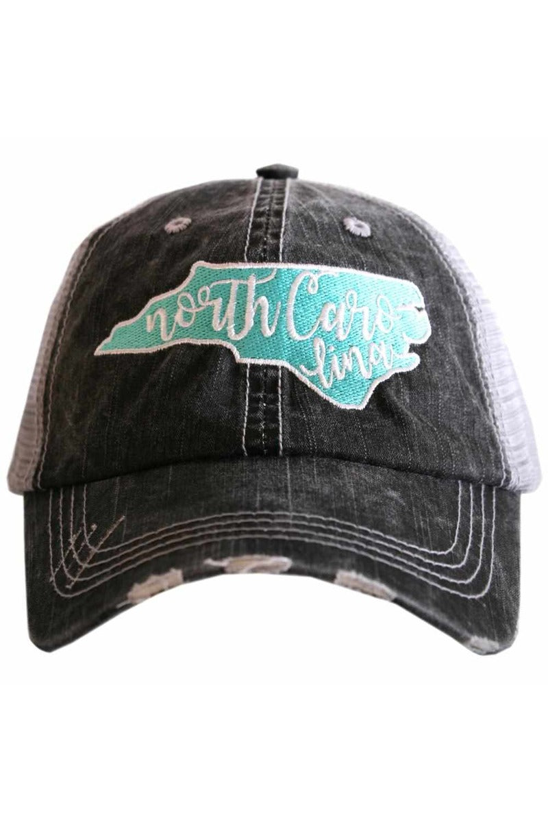 Speedy Pros Women's Ponytail Trucker Hat - North Carolina State Map Embroidery, Cotton Distressed Cap With Messy Bun Hole