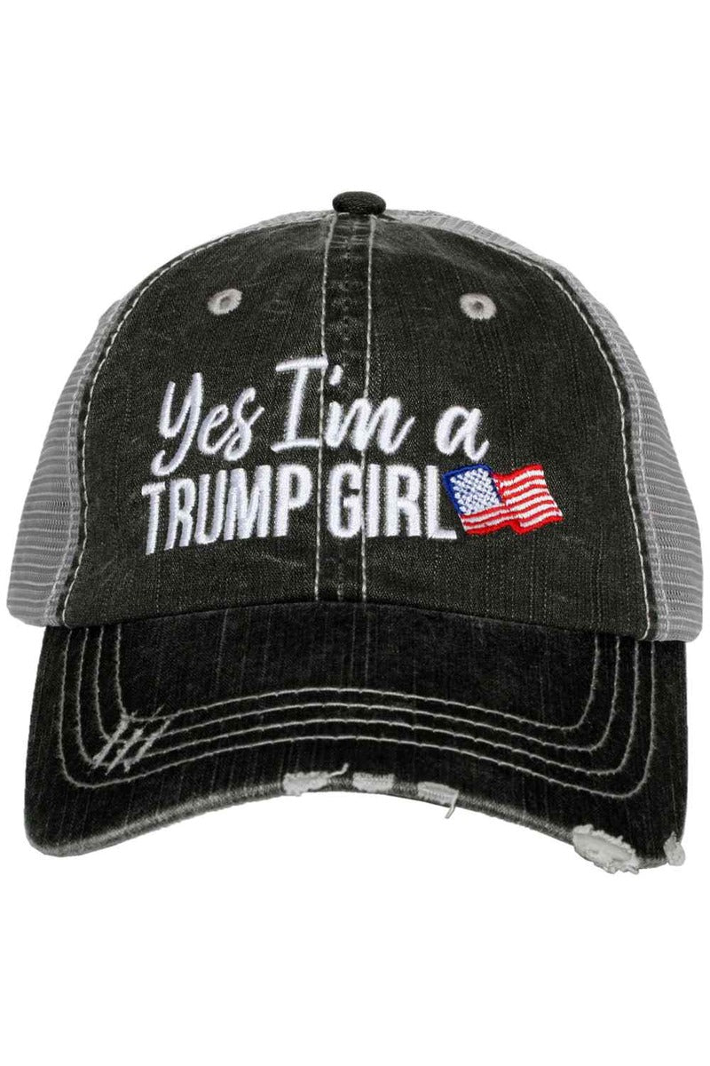 A trucker hat with the words yes i'm a trump girl on it