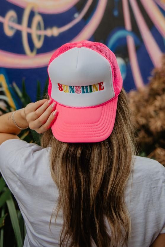 Sunshine Hot Pink White Katydid Embroidered Trucker Hat