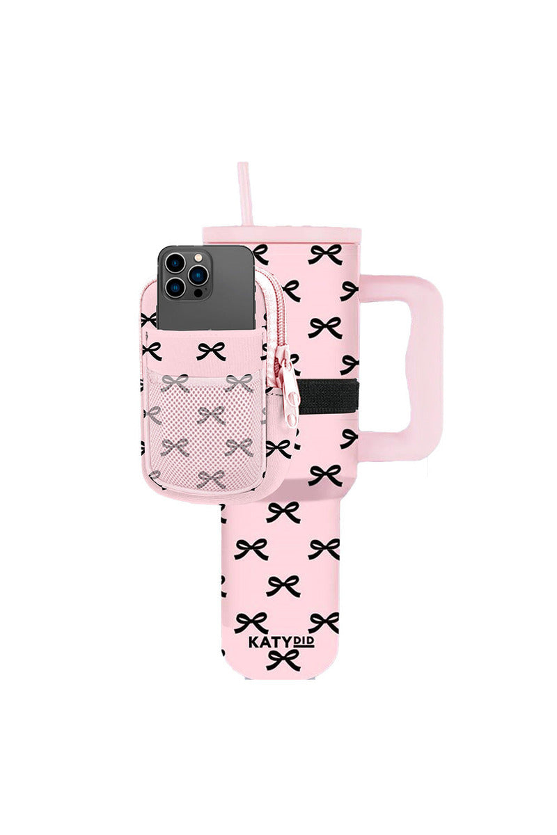 The Katydid Black  Pink Mini Coquette Bows Tumbler ZIPPER POUCH is a cute pink tumbler with handle, straw, and bows pattern, plus a matching zipper pouch for your cellphone—perfect for daily use.