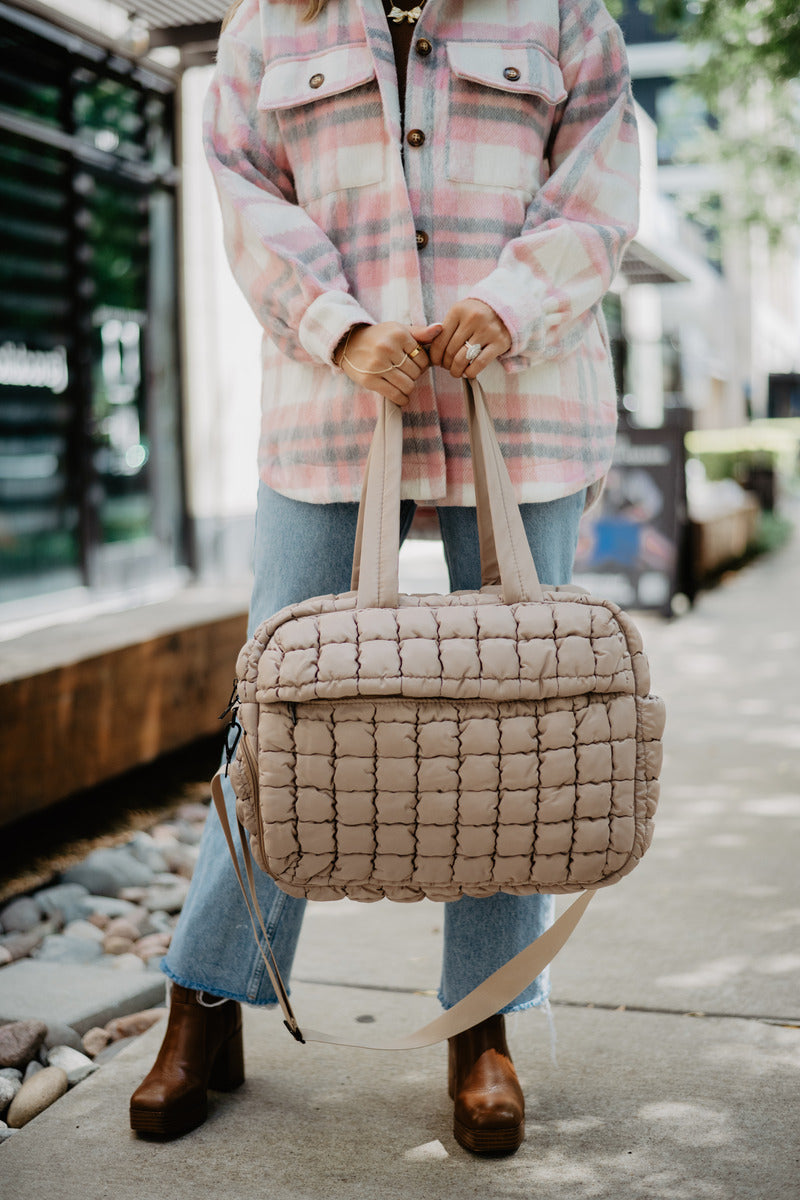 Tan Quilted Duffel Weekender Bag w/ Pass-Thru Slip