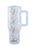 The Posh Pets Party Easy Carry Flip Top Tumbler by Katydid is a light blue reusable cup with handle, featuring playful cats in fun outfits. KATYDID is printed near the base—perfect for animal lovers.