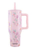 The Katydid Mahjong Pieces Hydration Tumbler features a tall, pink design with a large handle, straw lid, and floral cocktail pattern—an ideal addition to any mahjong lover’s cup collection. “KATYDID” is printed near the base.
