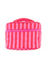 The Katydid Pink and Hot Pink Striped Make Up Bag is a small quilted bag with diagonal stripes, a top zipper, and handle—perfect as a travel cosmetic bag to carry all your essentials.