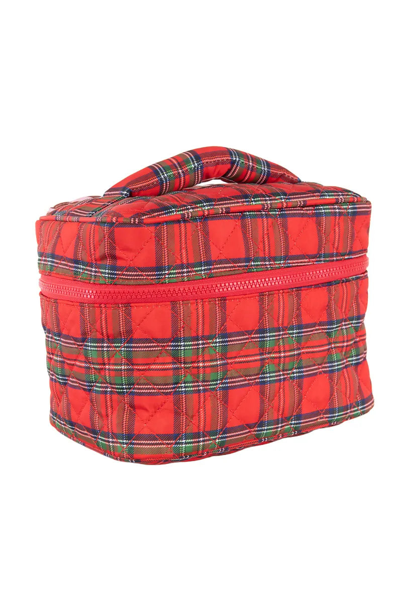 The Katydid Royal Stewart Plaid Holiday Travel Makeup Bag features a red quilted design, zipper closure, and a padded top handle.
