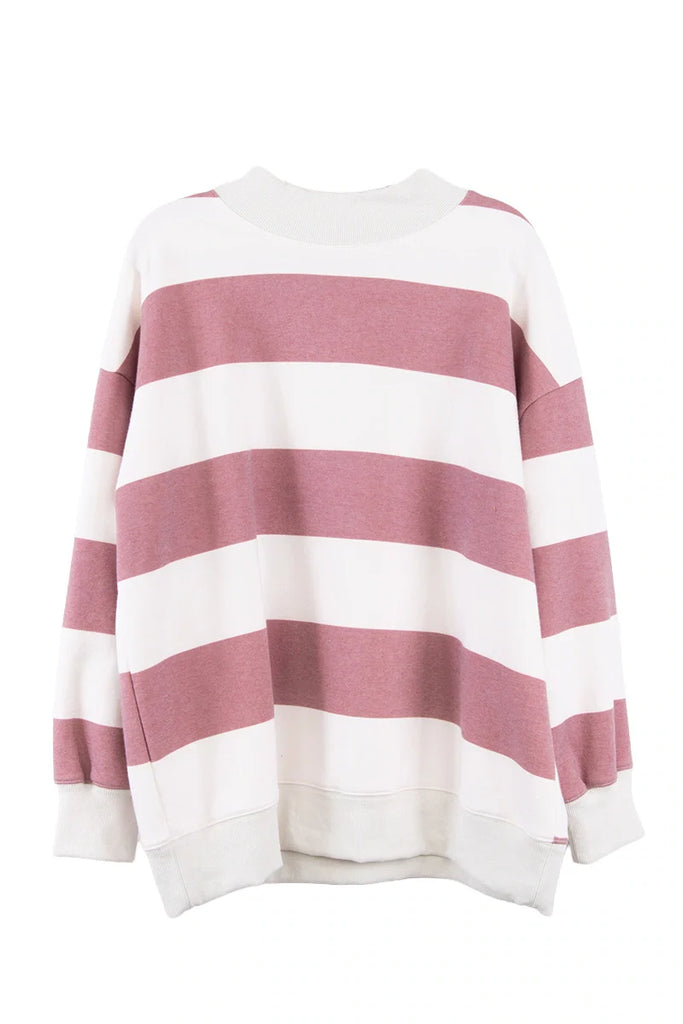 The Katydid Wine and White Striped Mockneck Sweatshirt for women features wide stripes, long sleeves, and ribbed cuffs, collar, and hem—an ideal cozy pick for gameday style.