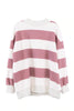The Katydid Wine and White Striped Mockneck Sweatshirt for women features wide stripes, long sleeves, and ribbed cuffs, collar, and hem—an ideal cozy pick for gameday style.