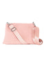 The Katydid Blush Woven Everywhere Crossbody Bag features a wide matching adjustable strap and silver hardware, shown against a white background.