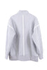 The Katydid Gray Vintage Wash Pullover Jacket features a high snap-neck collar, long sleeves, and white vertical and shoulder stripes for a modern yet classic look.
