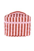 The Katydid Pink and Wine Striped Quilted Makeup Bag features vertical stripes, a top handle, and a front zipper—ideal as your travel makeup pouch.