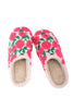 The Katydid Whimsical Roses Fuzzy Slippers for women are cozy, cream-colored sherpa slippers featuring soft linings and bright pink and red embroidered roses with green leaves on the outside.