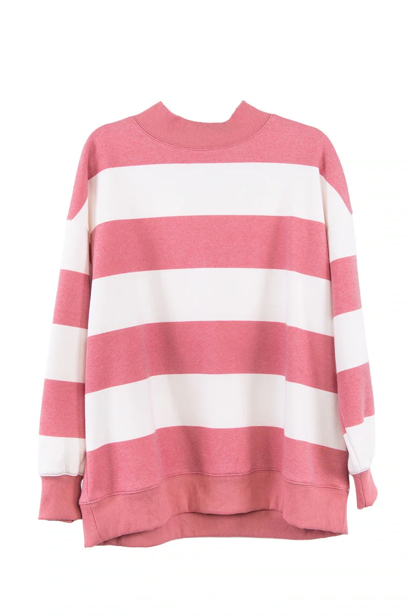 The Katydid Red and White Striped Mockneck Sweatshirt features long sleeves, a relaxed fit, and ribbed details—perfect for a cozy gameday look. Shown on a plain white background.