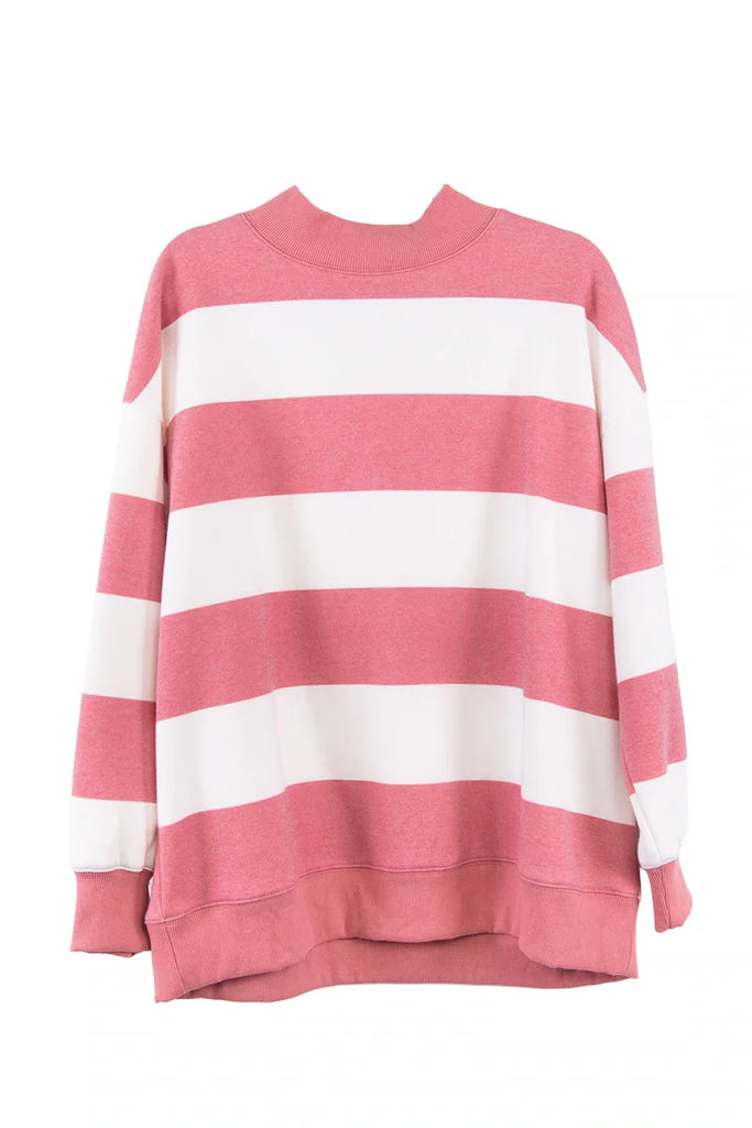 The Katydid Red and White Striped Mockneck Sweatshirt features long sleeves, a relaxed fit, and ribbed details—perfect for a cozy gameday look. Shown on a plain white background.