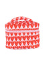 The Katydid Girly Red Hearts Makeup Bag is a soft, rectangular zippered pouch with a handle, featuring a cute red heart pattern on white—perfect for storing your beauty essentials.