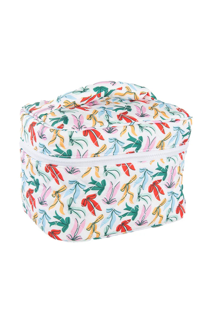 The Katydid Whimsical Bows Cute Makeup Bag is a rectangular, zippered girls’ cosmetic bag with a handle, featuring a colorful bows pattern on a white background.