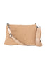 The Katydid Camel Woven Everywhere Crossbody Sling Bag, crafted from waterproof neoprene with a wide matching strap and silver hardware, is shown on a white background—perfect as your everyday accessory.