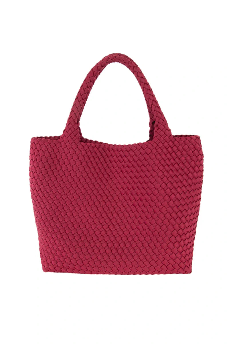 The Katydid Wine Vibrant Woven Tote Bag is a large deep red handbag with two sturdy handles, shown on a plain white background.