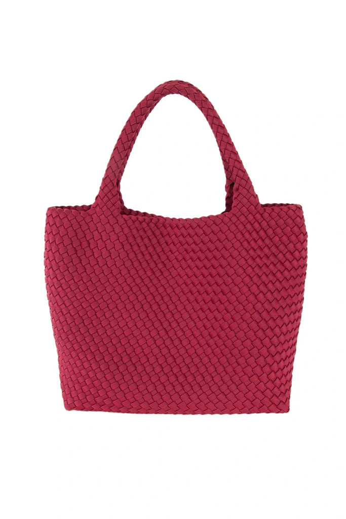 The Katydid Wine Vibrant Woven Tote Bag is a large deep red handbag with two sturdy handles, shown on a plain white background.