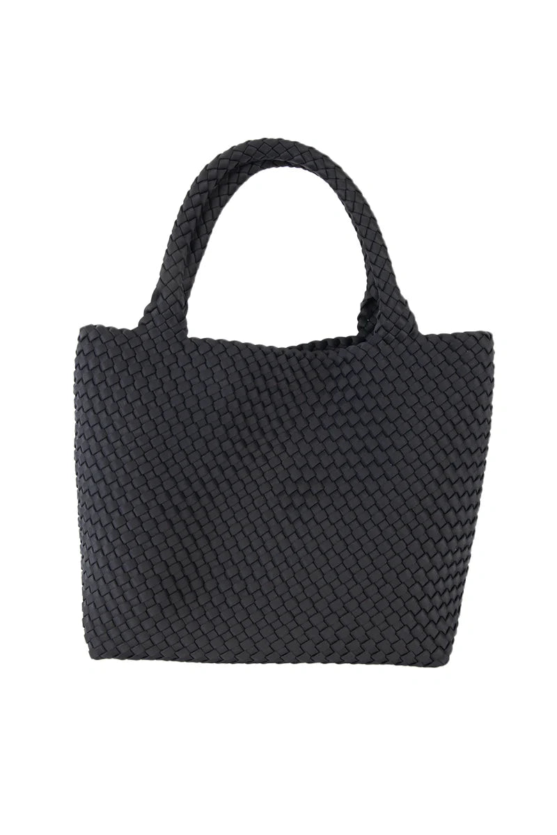 The Katydid Black Woven Design Tote is a stylish womens handbag with two sturdy handles, perfect for daily use. Shown on a white background, this large tote offers ample space for all your essentials.